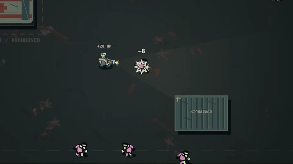 A survivor firing a pistol at approaching zombies in the Service Yard arena.