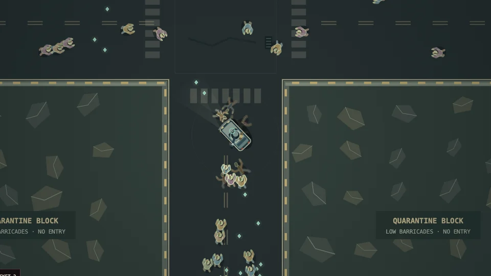 A car turning through a city intersection surrounded by zombies and XP drops.