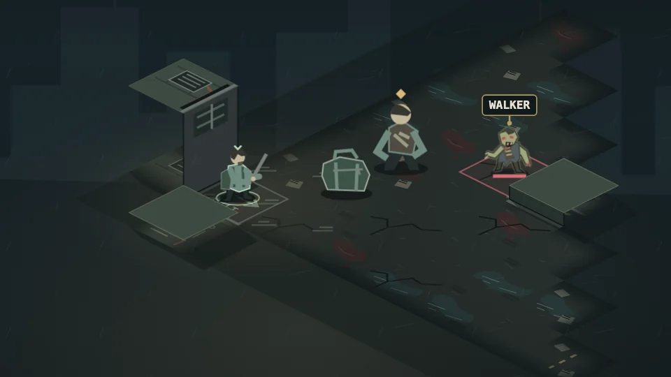 A survivor, a supply cache and a Walker on an isometric street in Dead Air.
