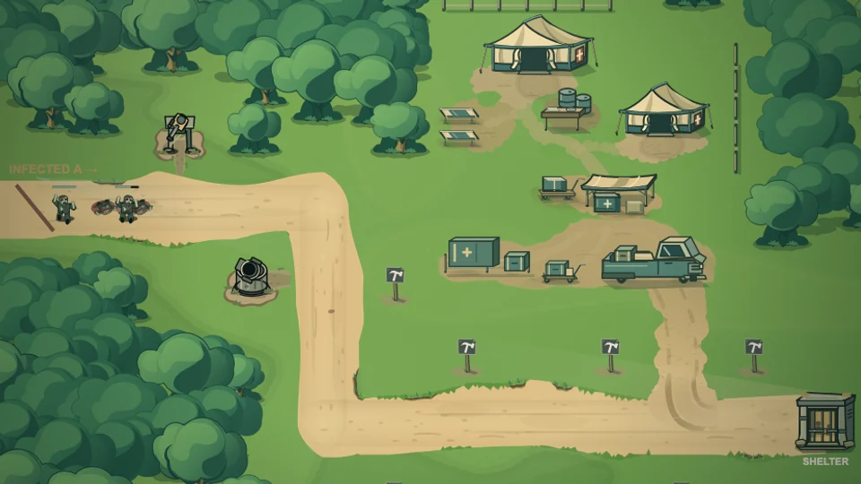 Bolt and Mortar towers defending a forest checkpoint road from incoming zombies.